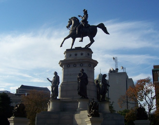 Washington Equestrian Statute with Jefferson standing in front