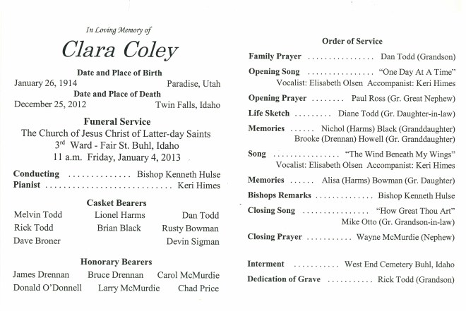 Clara Coley Funeral Program