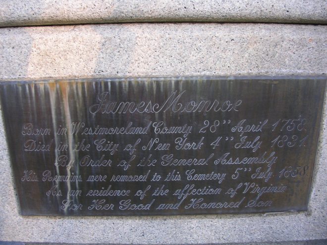 Plaque on James Monroe's tomb